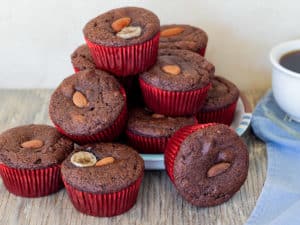 chocolate banana almond muffins on plate with cup of coffee off to the side
