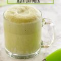 Matcha latte in glass mug with Pinterest text