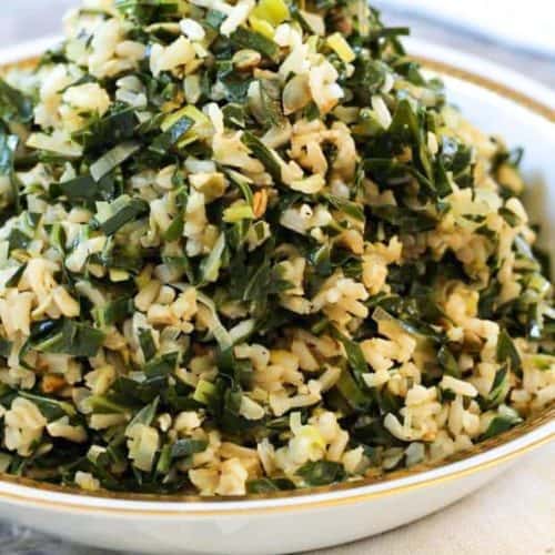 rice tossed with collard ribbons and leeks
