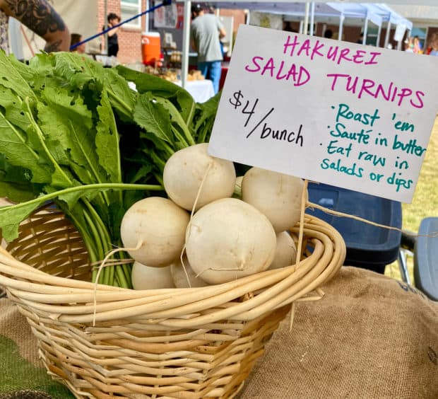 display of white salad turnips Hakurei Sald Turnips sign at a farmers market.