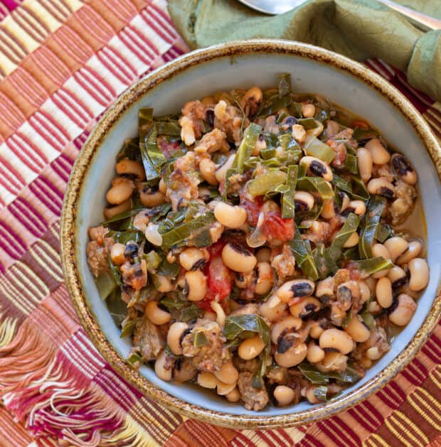 black-eyed pea and collards in bowl --overhead shot